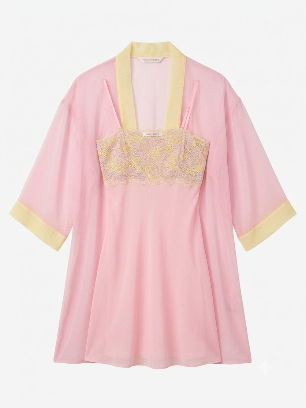 Vintage 90s Victoria's Secret Pink Yellow Lace Slip Dress & Robe Set - Size M